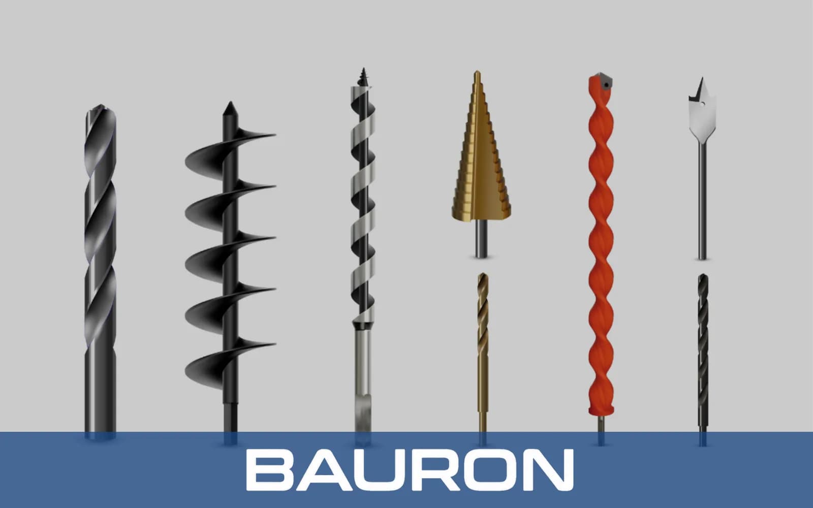 Lineup of twist, auger, wood, step, masonry and spade drill bits