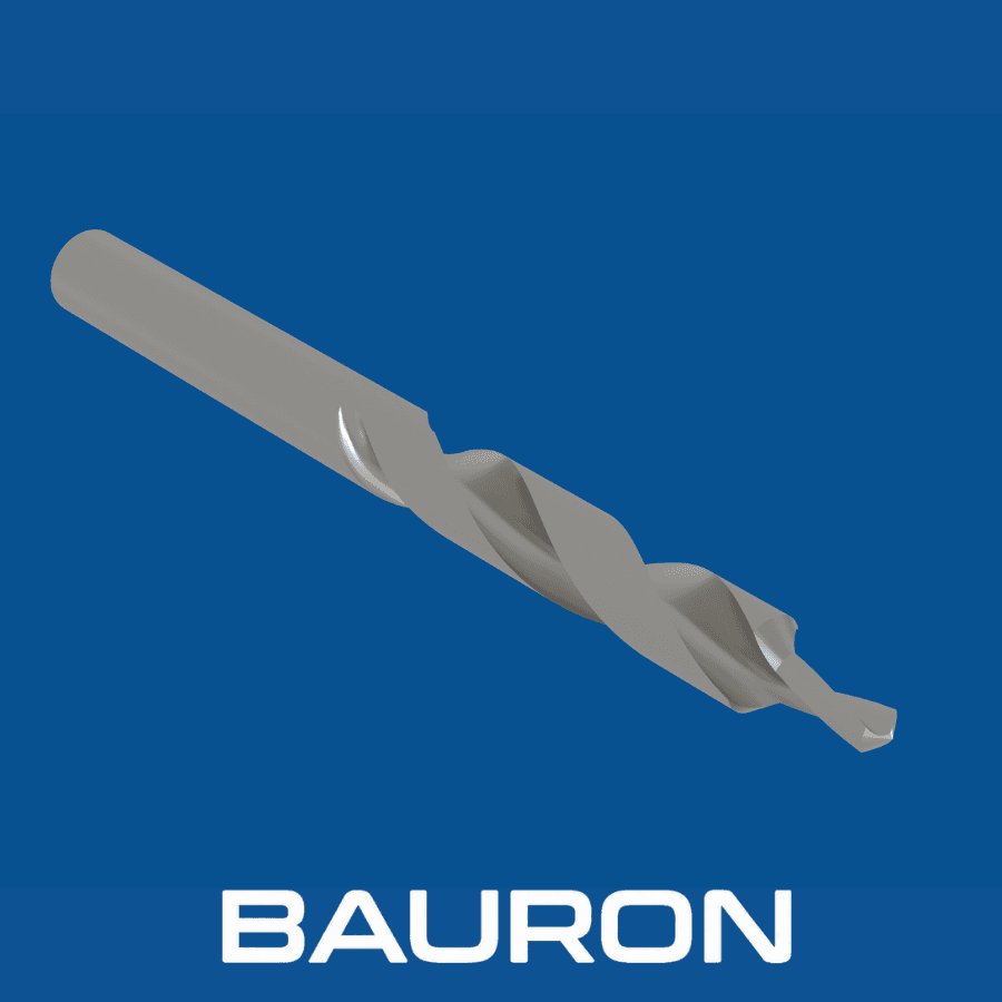 Bauron combined drill chamfer tool shown at an angle with spiral-fluted body and pilot tip
