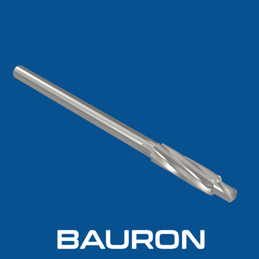 Angled rendering of a silver combination reamer showing its cylindrical shank, spiral cutting flutes, and drill tip