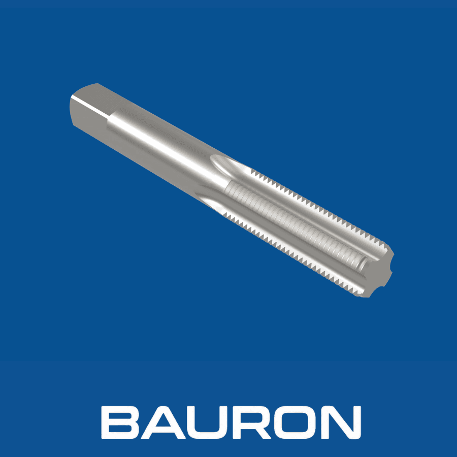 Angled rendering of a silver bottoming tap with straight flutes, a square drive, and a short threaded lead