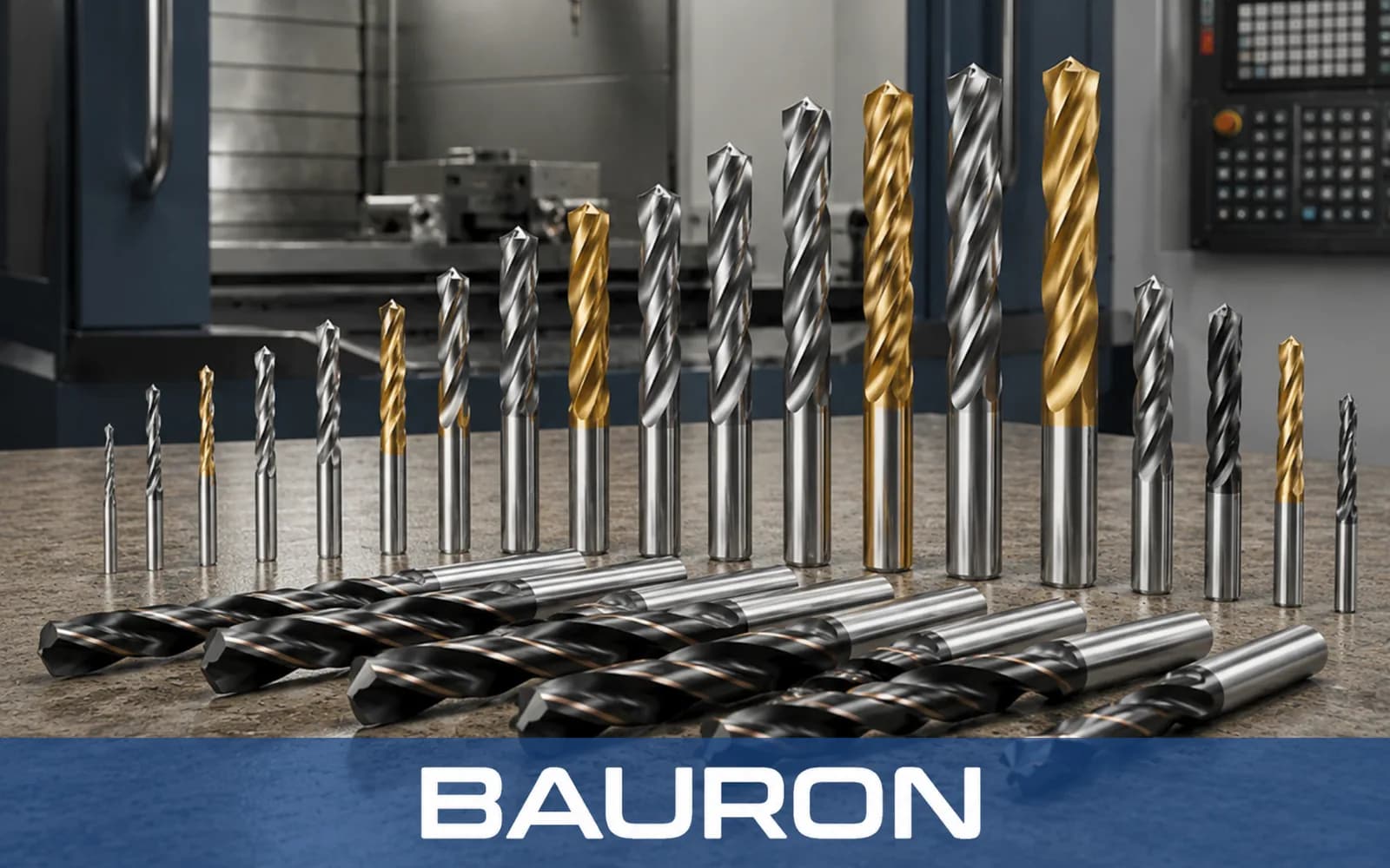 Range of coated and uncoated carbide drills in front of a CNC machine