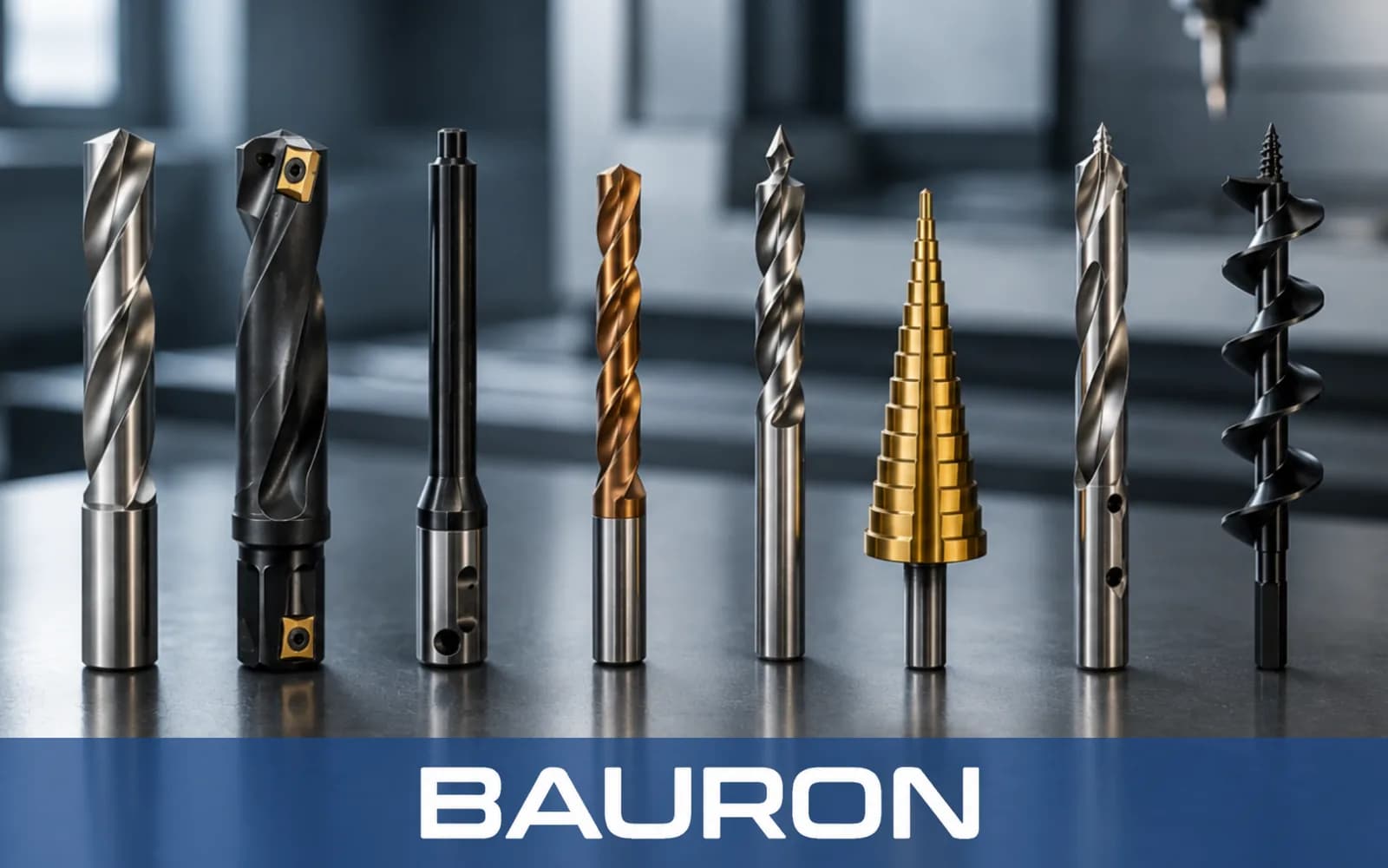 Assorted twist, indexable, step and auger drills in a CNC workshop