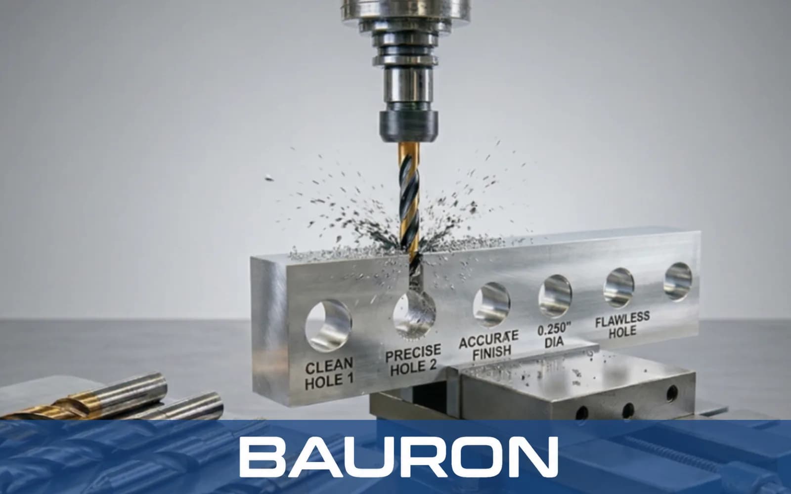 Drill cutting precise holes in an aluminum block with chips flying