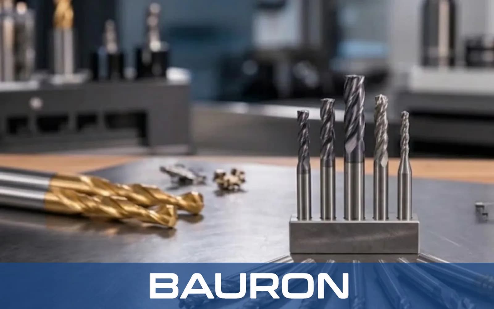 Graduated end mill set in a steel block on a workbench