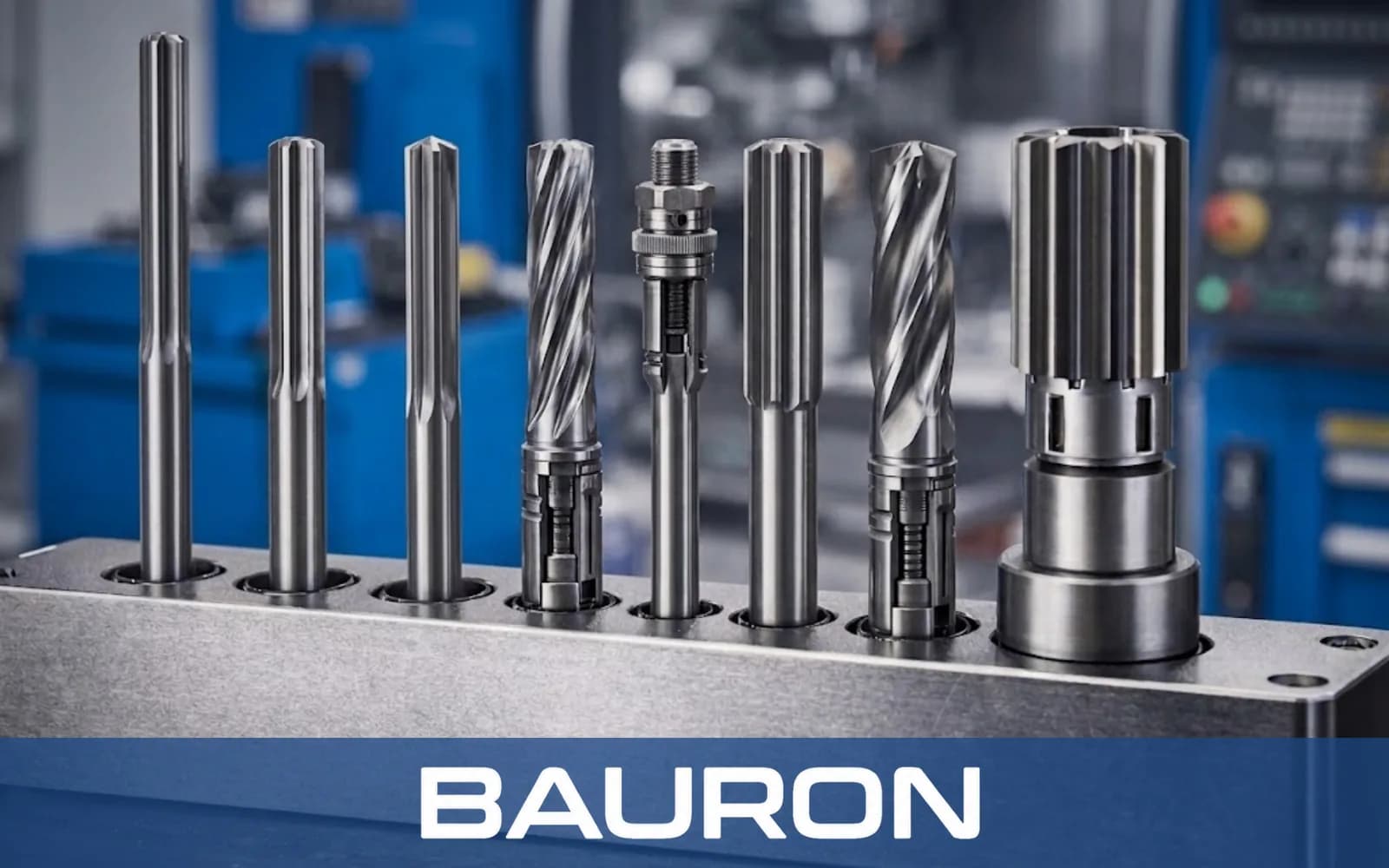 Reamer set standing in a steel block in front of CNC machines