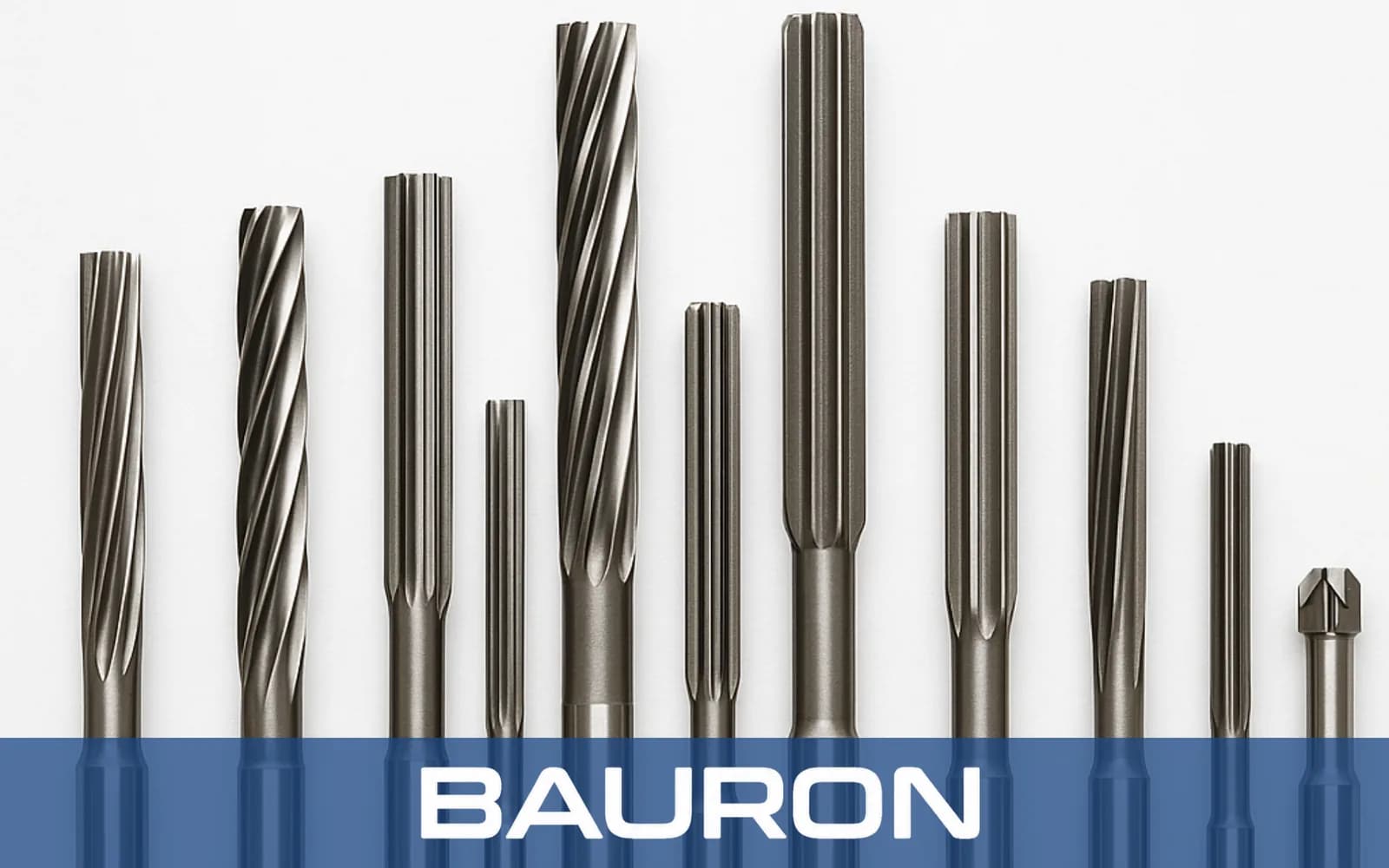 Graduated lineup of straight and spiral flute reamers on white