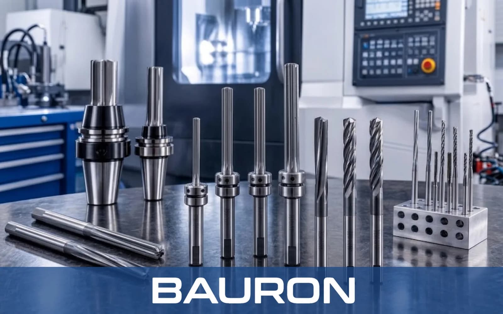 Reamers and tool holders on a bench in a CNC machine shop
