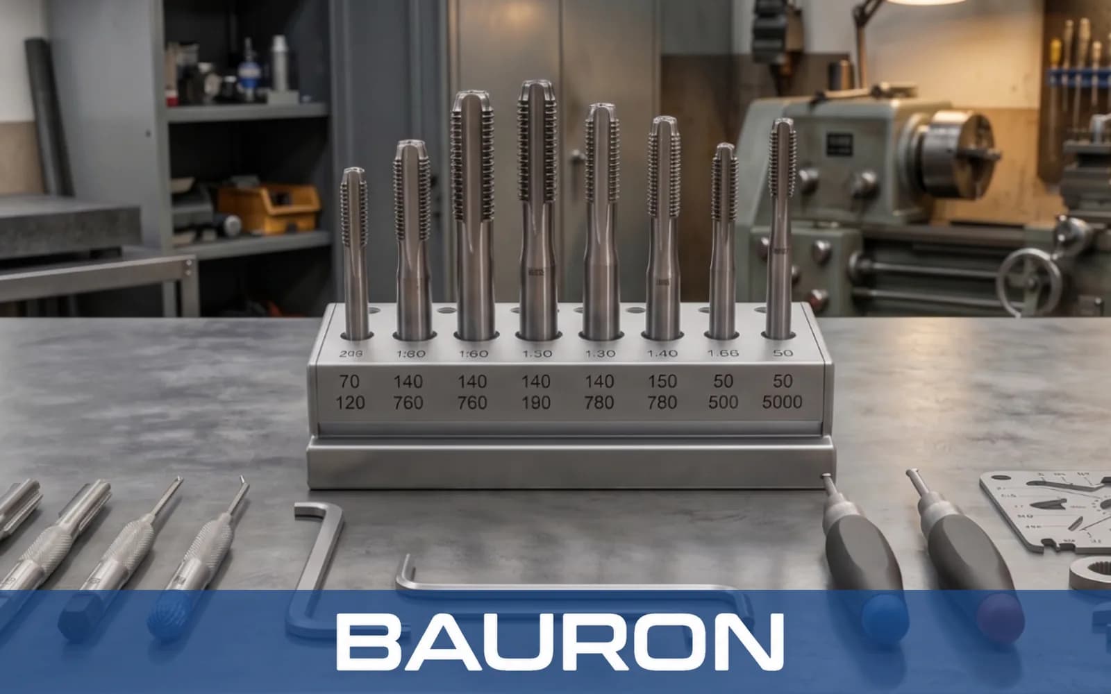 Hand tap set in a steel stand on a workshop bench